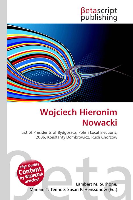 "Betascript Publishing", "Wojciech Hieronim Nowacki". Bunte Linien auf blauem Hintergrund, rote und blaue Streifen.