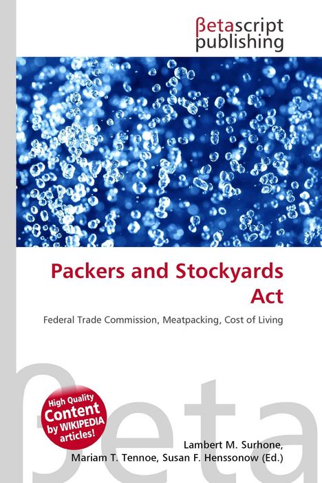 "Packers and Stockyards Act, Federal Trade Commission, Meatpacking, Cost of Living" auf blauem Hintergrund mit Bläschen.