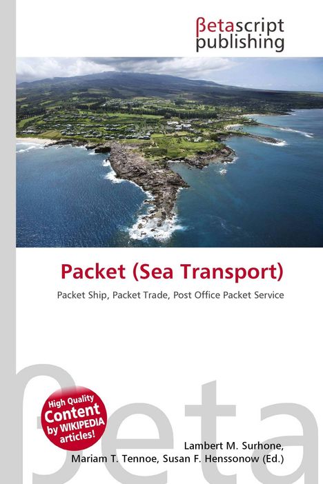 "Packet (Sea Transport)" steht in roter Schrift. Küstenlandschaft, grünes Land mit Gebäuden, blauer Ozean.