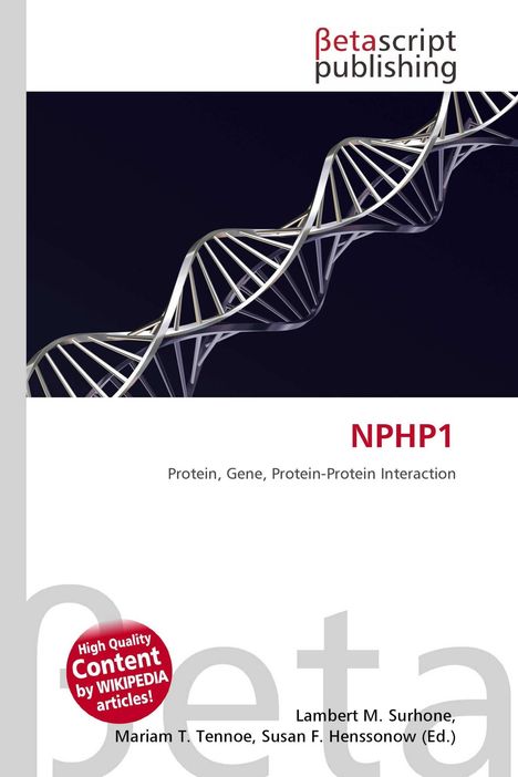 „NPHP1: Protein, Gene, Protein-Protein Interaction.“ Illustration einer DNA-Helix. Logo „betascript publishing“ oben.