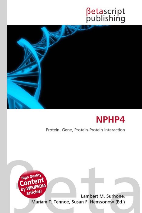 Betascript publishing, NPHP4, Protein, Gene, Protein-Protein Interaction. Eine blaue DNA-Helix auf schwarzem Hintergrund.