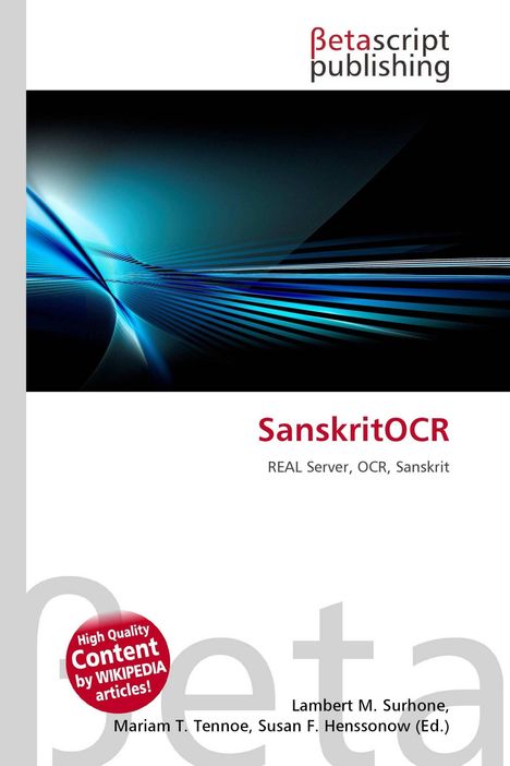 "SanskritOCR: REAL Server, OCR, Sanskrit" steht zentral. Oben "Betascript publishing". Hintergrund mit blauem, dynamischem Muster.