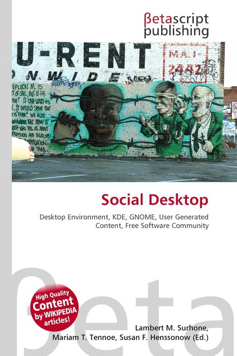 "U-RENT" und Graffiti mit Gesichtern an einer Wand. Text auf Weiß: "Social Desktop", über Software und Gemeinschaft.