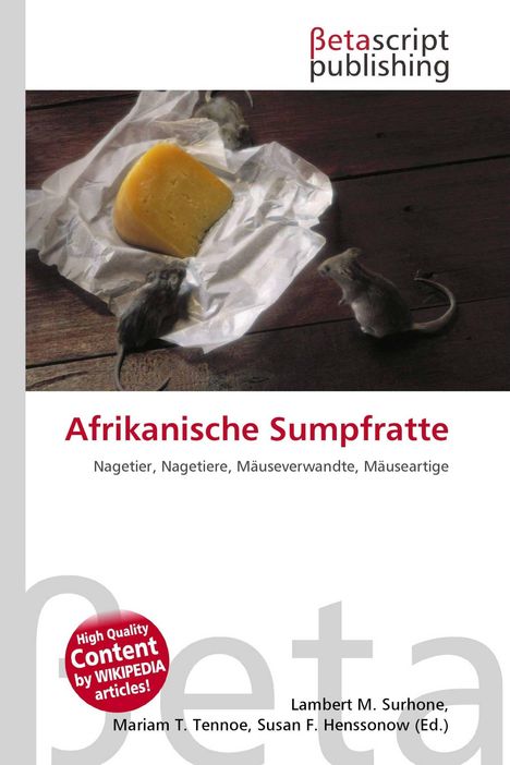 "Betascript Publishing" oben, "Afrikanische Sumpfratte" groß unten; Käse auf Papier, umringt von Mäusen.