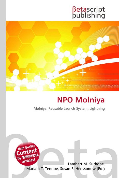 Betascript Publishing, NPO Molniya, Molniya, Reusable Launch System, Lightning. Logo oben, orange-weißes geometrisches Muster.