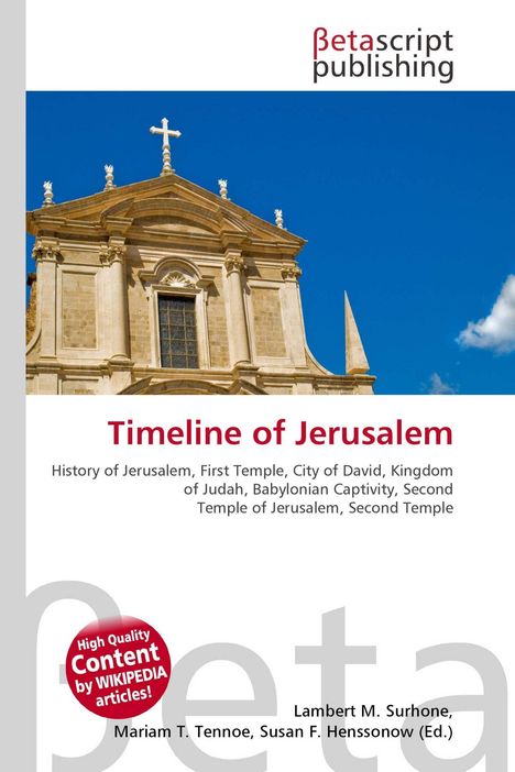 "Timeline of Jerusalem" steht in Rot. Darunter Themen zur Geschichte Jerusalems. Oben ein Verlagslogo. Gebäude mit Kreuz.