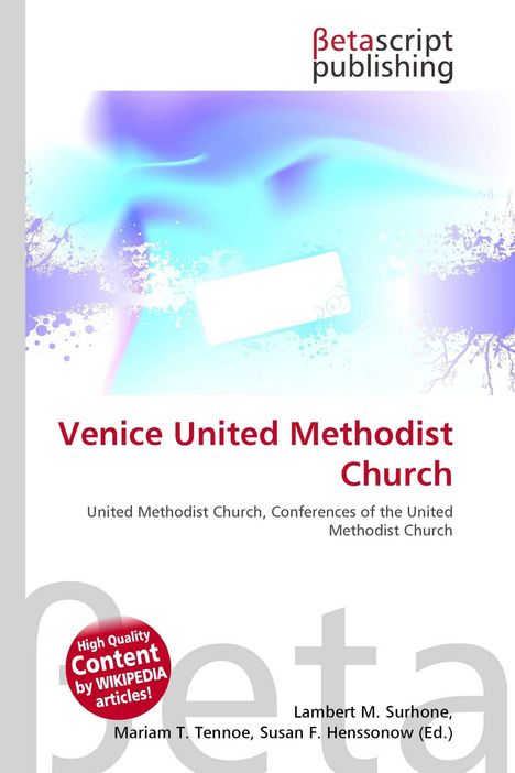 „Venice United Methodist Church“, dynamische blaue und violette Hintergrundgestaltung mit Betascript Publishing-Logo.