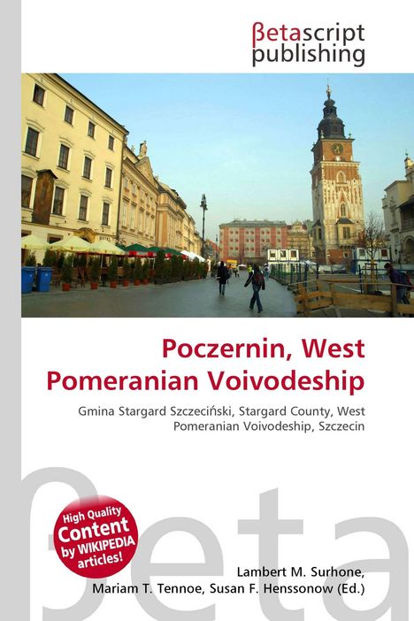 "Betascript Publishing" Logo, Titel: "Poczernin, West Pomeranian Voivodeship", Bild eines Platzes mit Häusern und einem Turm.