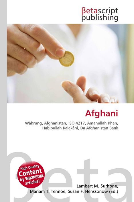 Betascript Publishing. Afghani, Währung, Afghanistan. Eine Hand hält eine goldene Münze über einer anderen Hand.