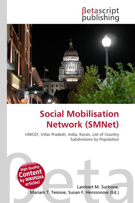 "Social Mobilisation Network (SMNet), UNICEF, Uttar Pradesh; Nachtaufnahme eines beleuchteten Kuppelgebäudes, Logo oben."