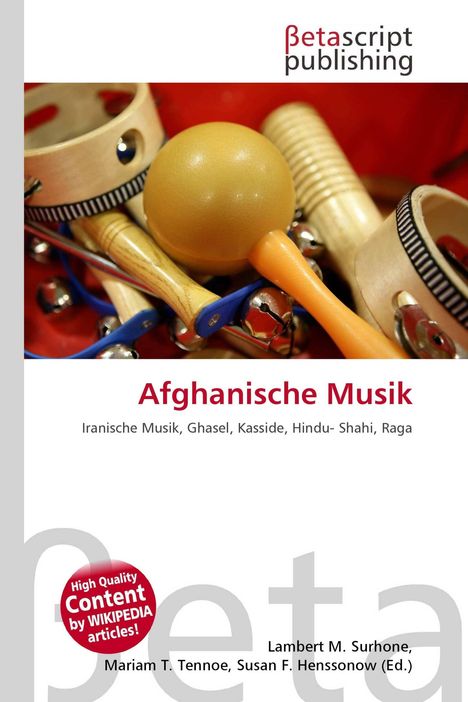 "Afghanische Musik. Iranische Musik, Ghasel, Kasside, Hindu-Shahi, Raga." Verschiedene Musikinstrumente liegen auf rotem Hintergrund.