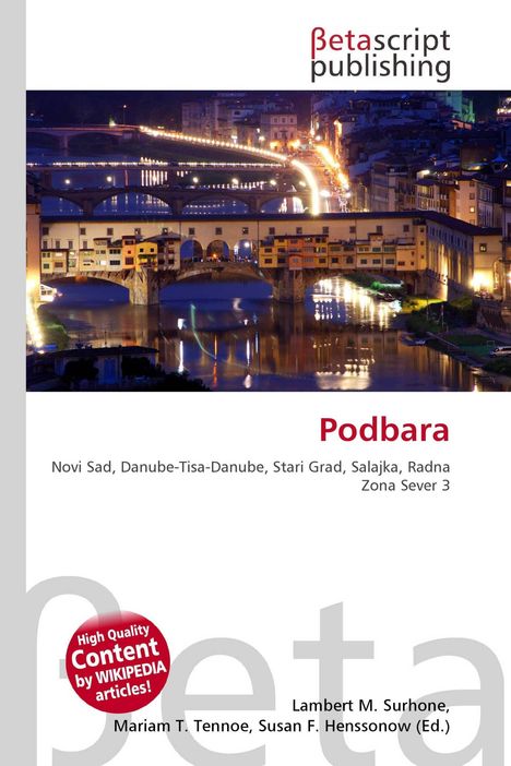 "Betascript publishing", "Podbara", "Novi Sad... Sever 3". Eine beleuchtete Flussbrücke bei Nacht, viele Lichter und Reflexionen.