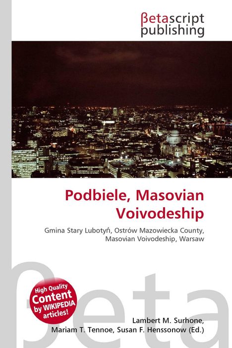 „Podbiele, Masovian Voivodeship.“ Text über nächtliche Stadtansicht. Oben „Betascript Publishing“ und ein roter Kreistext.