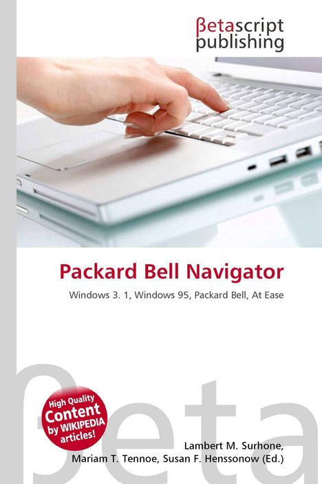 Texte: Betascript Publishing, Packard Bell Navigator, Windows 3.1, Windows 95. Illustration: Hand auf Tastatur.