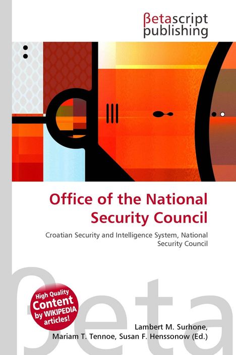 Text: "Office of the National Security Council" und "High Quality Content by WIKIPEDIA articles!" Illustration mit geometrischen Formen in Orange und Rot.