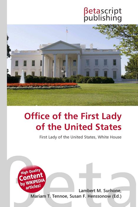 "Office of the First Lady of the United States", darunter das Weiße Haus mit Rasen, Büschen und einem Brunnen.