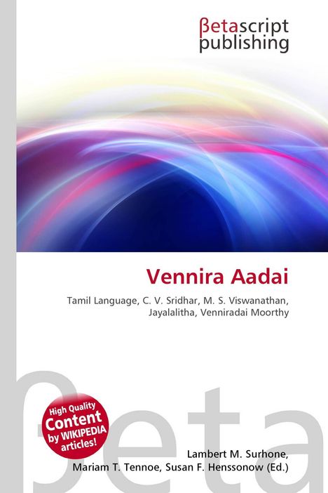 "Vennira Aadai", Betascript Publishing, dynamische lila und blaue Lichtwellen, rotes Wikipedia-Siegel.