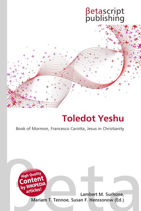 "Toledot Yeshu", Betascript Publishing. Rote und violette Linien und Sterne, Wikipedia-Stempel. Autoren unten.
