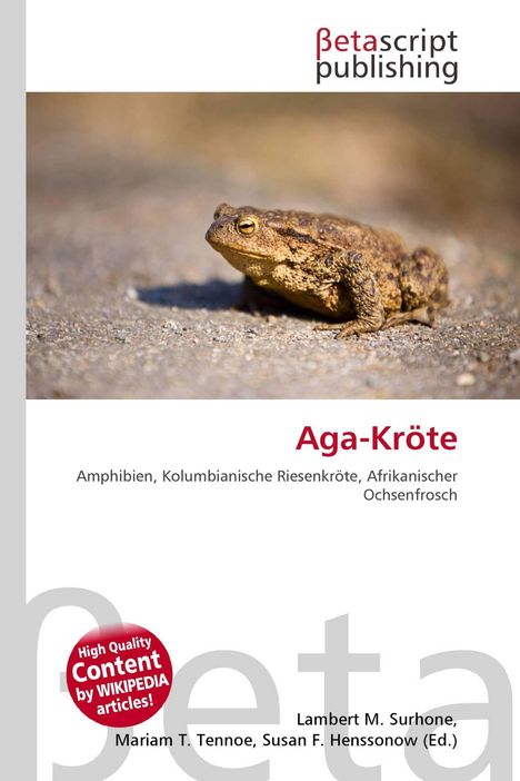 Logo von Betascript Publishing oben. TiteI: "Aga-Kröte". Eine Kröte auf einer sandigen Oberfläche.