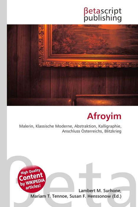 "Afroyim" und Schlagworte darunter. Holzpaneele und ein gerahmtes Gemälde oben. Oben Logo: Betascript Publishing.