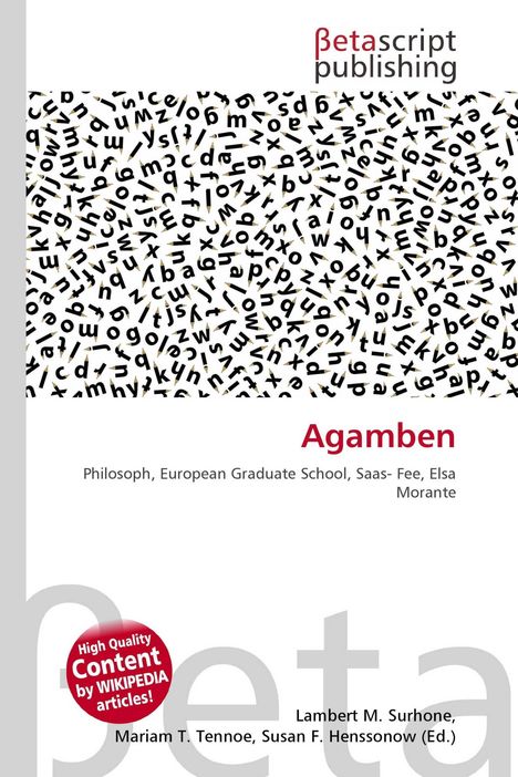 "Agamben" in roter Schrift. Schwarze Buchstaben im wirren Muster, oben "betascript publishing". Text spricht von Philosophie.