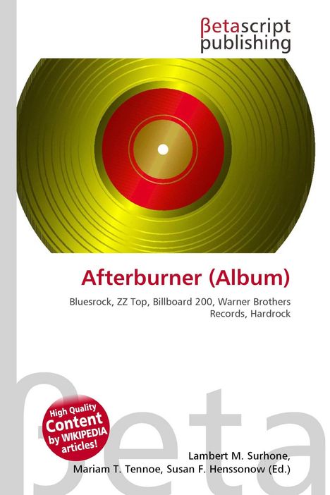 "Afterburner (Album), Bluesrock, ZZ Top. Illustration: Goldene Schallplatte auf weißem Hintergrund, Verlagsname oben."