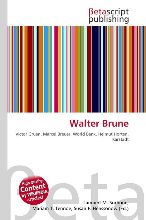 "Buchcover zeigt: 'Betascript Publishing', 'Walter Brune', Namen: Victor Gruen, Marcel Breuer, bunte vertikale Streifen."