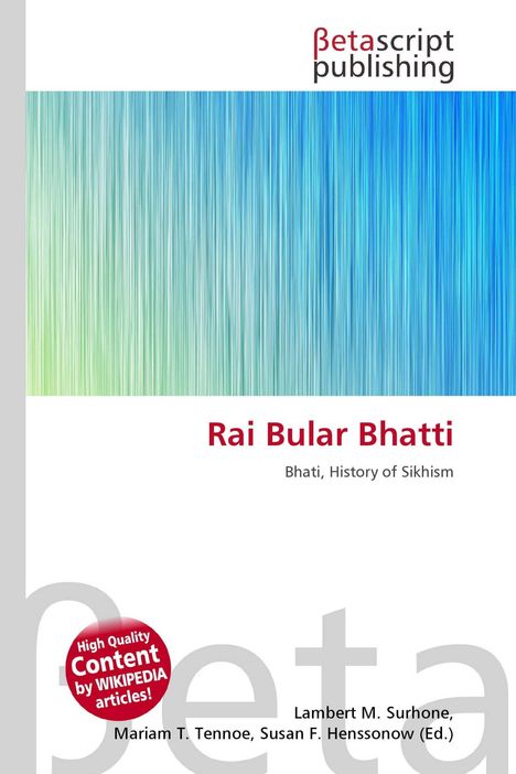 „Rai Bular Bhatti: Bhati, History of Sikhism.“ Oben ist ein Logo; darunter ein blau-grünes Linienmuster.