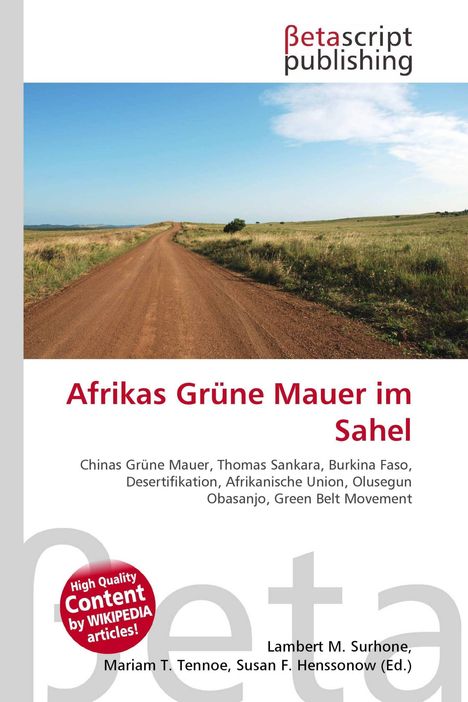 "Afrikas Grüne Mauer im Sahel" in Rot, Liste mit Themen. Oben Logo "Betascript Publishing." Bild mit Weg und Wiesen.