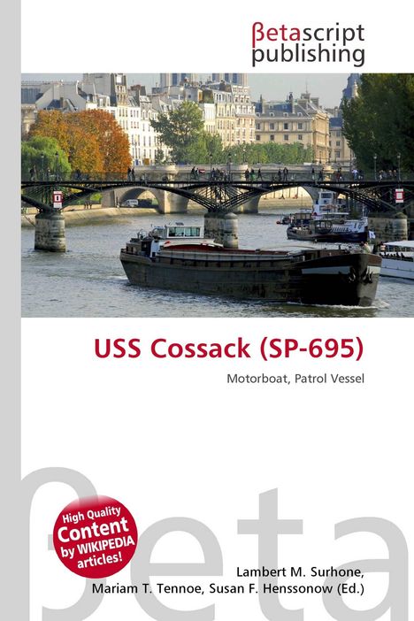 "USS Cossack (SP-695) Motorboat, Patrol Vessel." Ufer Paris mit Boot und Brücke, oben Betascript Publishing Logo.