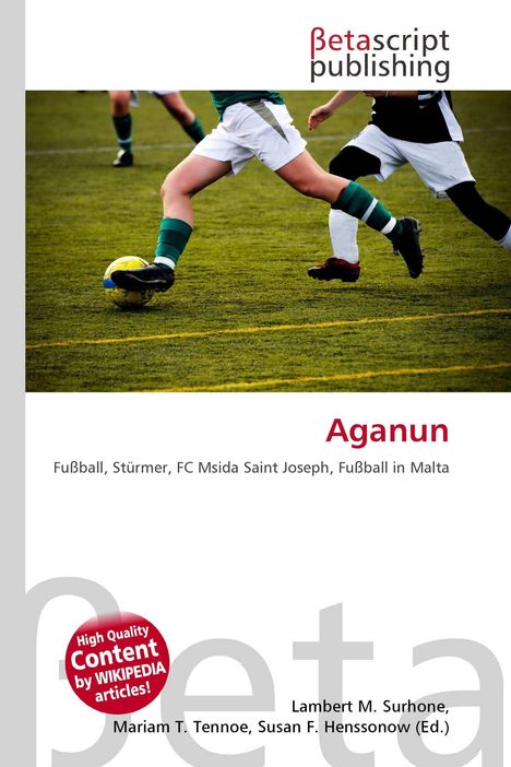 Oben: "Betascript Publishing". Titel: "Aganun". Begriffe: Fußball, Stürmer, FC Msida Saint Joseph, Malta. Fußballspiel-Szene.