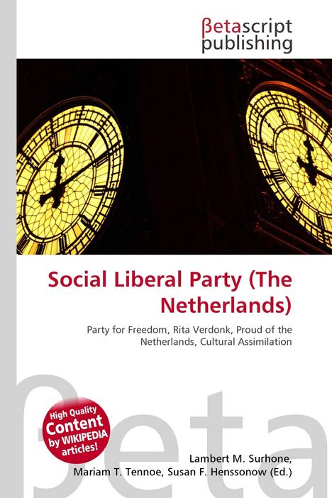 "Social Liberal Party (The Netherlands)", dazu eine große Uhr mit beleuchtetem Zifferblatt im Hintergrund.