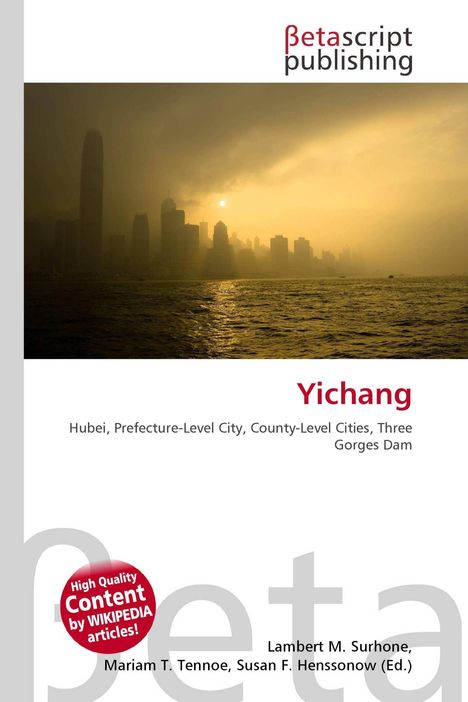 "Yichang", Hubei-Themen auf weißem Hintergrund. Sonnenuntergang über nebliger Skyline im oberen Bereich.