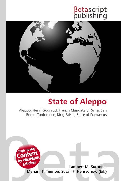 Text: "State of Aleppo" und weitere historische Namen. Globus-Illustration darauf.