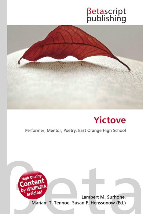 Logo „Betascript Publishing“, Titel „Yictove“, Text: Performer, Mentor, Poetry, East Orange High School. Rotes Blatt auf Buch.