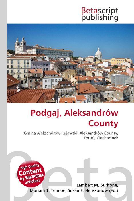 "Podgaj, Aleksandrów County" steht über einer Stadtansicht mit roten Dächern, einer Kirche und einem blauen Himmel.