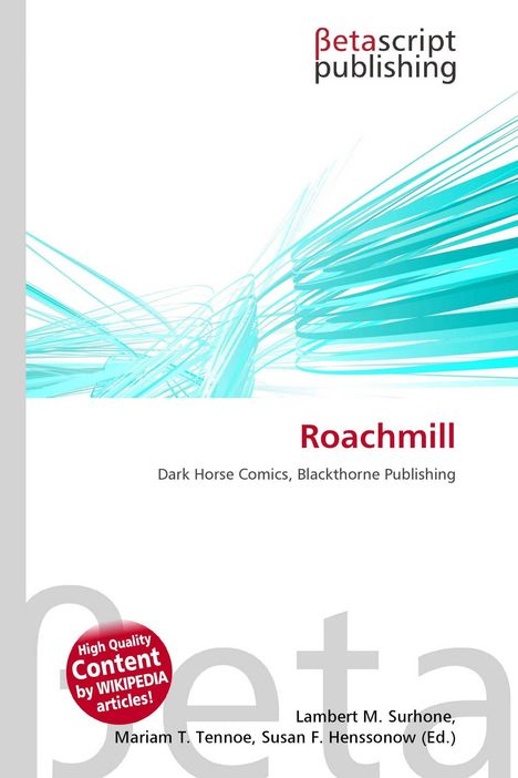 Text: "Betascript Publishing" oben, "Roachmill" in Rot darunter. Grafik: Blaue abstrakte Linien rechts.