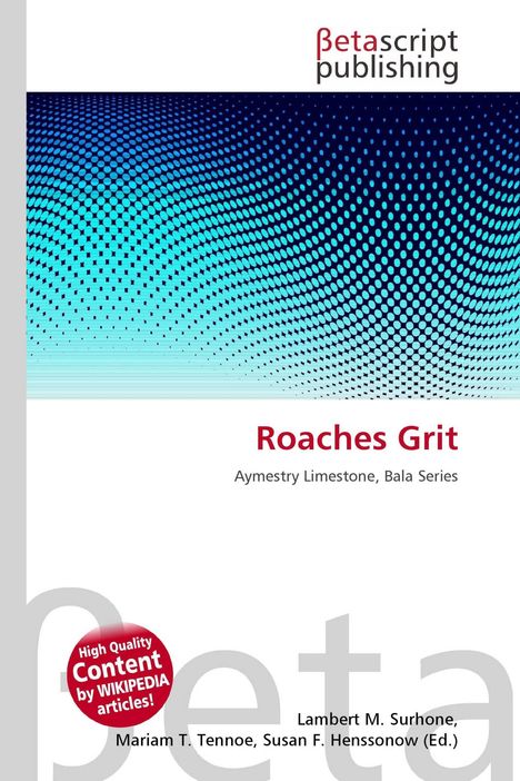 "Roaches Grit: Aymestrie Limestone, Bala Series" in roter Schrift, Punktmuster in Blau-Türkis.