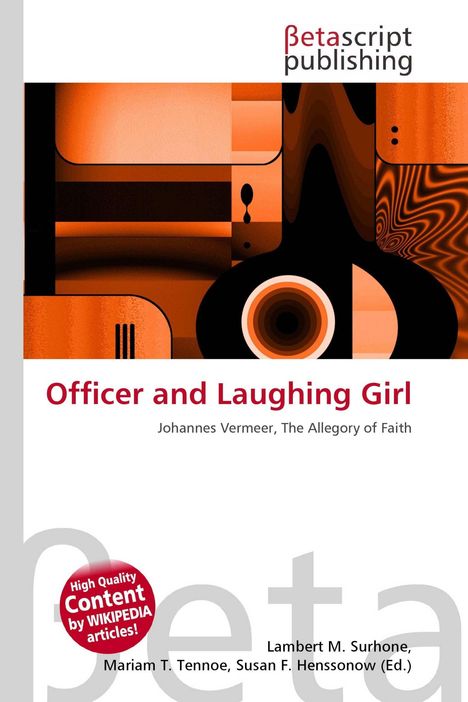 "Betascript Publishing", "Officer and Laughing Girl". Orange abstraktes Muster, rote und schwarze Textboxen.