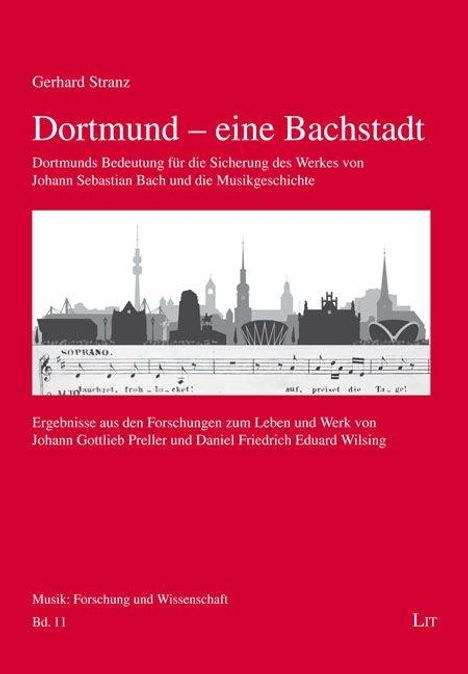 Titel: Dortmund – eine Bachstadt. Silhouette mit Noten darüber. Rotes Cover, Autorenname: Gerhard Stranz.