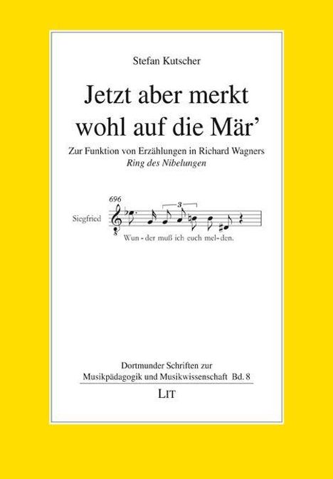 Text: "Stefan Kutscher. Jetzt aber merkt wohl auf die Mär’."
Abbildung: Musiknoten, gelber Hintergrund.
