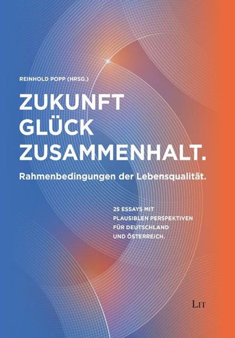 "Zukunft Glück Zusammenhalt. Rahmenbedingungen der Lebensqualität. 25 Essays mit plausiblen Perspektiven für Deutschland und Österreich." Farbverlauf aus Blau und Orange mit Linienmuster.
