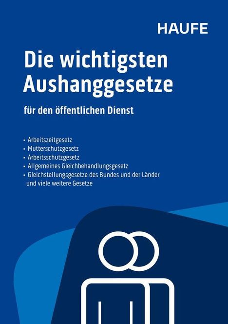 "Die wichtigsten Aushanggesetze für den öffentlichen Dienst" auf blauem Hintergrund. Logo unten zeigt stilisierte Personen.