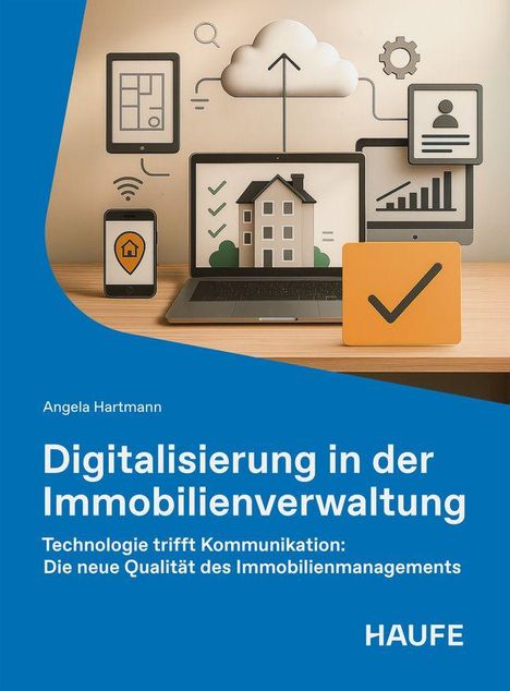 "Digitalisierung in der Immobilienverwaltung" mit Icons: Cloud, Laptop, Checkliste, Smartphone, Symbolen für Vernetzung.