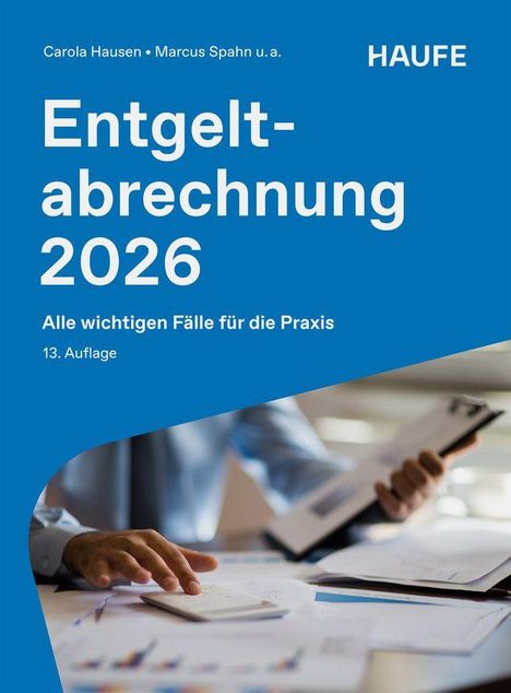 Entgeltabrechnung 2026: Alle wichtigen Fälle. Cover: Person mit Dokumenten, blaues Design.