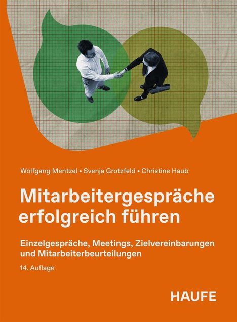 „Mitarbeitergespräche erfolgreich führen“ – Buchcover mit Menschen im Gespräch auf Sprechblasen. Autoren: Mentzel, Grotzfeld, Haub.