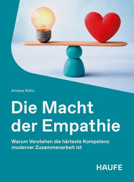 "Die Macht der Empathie" von Andrea Köhn. Auf einem Brett balancieren Glühbirne und Herz. Oben schlichtes Design.