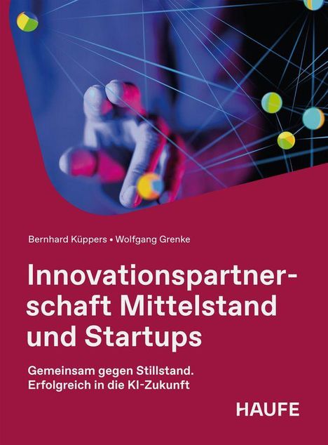 Titel: „Innovationspartnerschaft Mittelstand und Startups“. Untertitel: „Gemeinsam gegen Stillstand. Erfolgreich in die KI-Zukunft“. Autoren: Bernhard Küppers, Wolfgang Grenke. Im Hintergrund ein Finger, der auf ein Netzwerk aus Linien und Punkten zeigt.