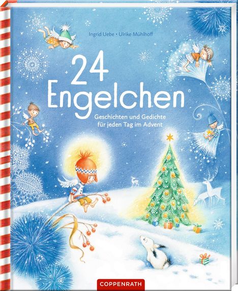 "24 Engelchen. Geschichten und Gedichte für jeden Tag im Advent." Hübsche Engelsillustrationen mit Schnee und Weihnachtsbaum.