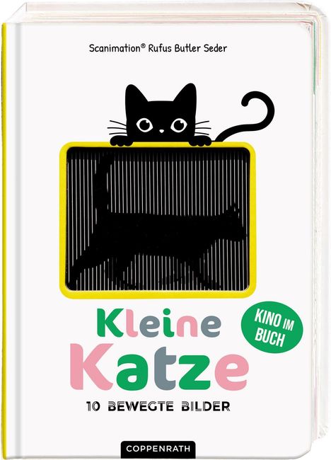 "Kleine Katze", "KINO IM BUCH", "10 BEWEGTE BILDER". Eine Katze schaut über einen Rahmen, darin eine animierte Katze.